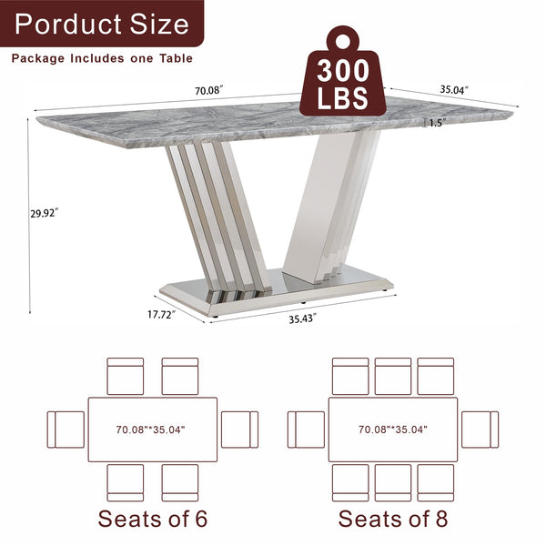 English Elm Marble Faux Top Rectangle Dining Table Seats Six Chrome Steel Base Modern Glam W3456S00058