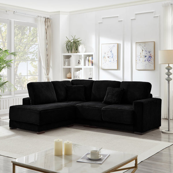 English Elm 93" Sectional Sofa L-Shaped Upholstered Corduroy 3-Seater with Reversible Chaise, Solid Wood Frame, Plush Coil-Foam Cushions Black W1097S00223