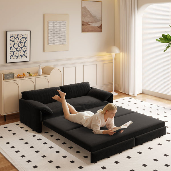 English Elm 66" Queen Sleeper Loveseat Velvet Convertible Sofa with Built-in Side Storage for Living Room Black W1885S00323