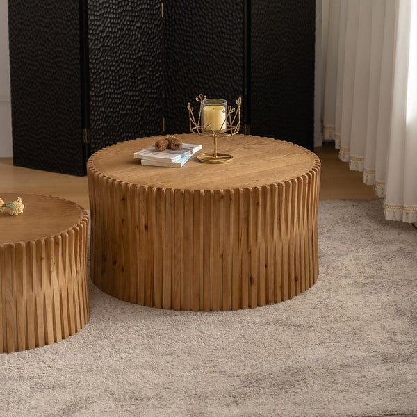 English Elm Vintage Cylindrical Nesting Coffee Table Set, Textured Embossed Wood Accent Tables for Living Room Natural W757P195740