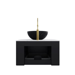 English Elm Dina Floating Bathroom Vanity with Sintered Stone Top and Crystal Glass Basin Carrara White,White+Black W2615S00407