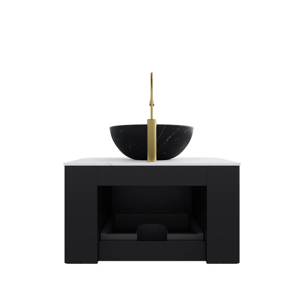 English Elm Dina Floating Bathroom Vanity with Sintered Stone Top and Crystal Glass Basin Carrara White,White+Black W2615S00407