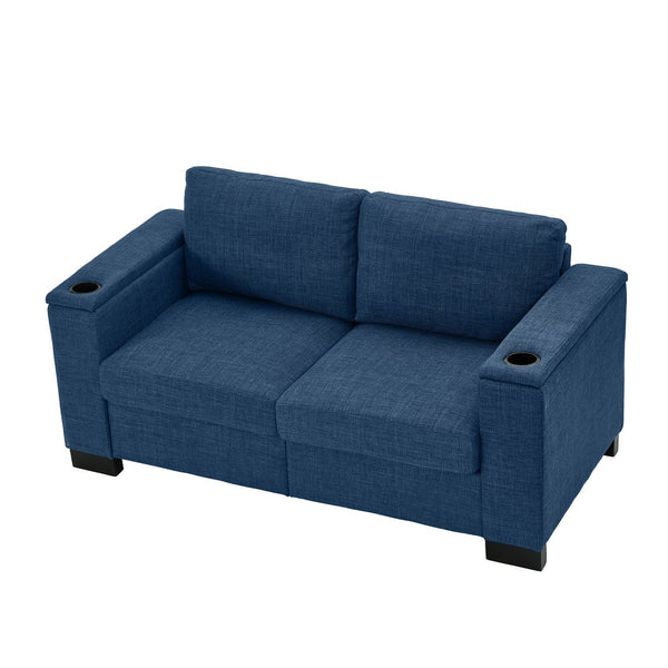 English Elm 67.7" Modern Loveseat Sofa with Cup Holders and Hidden Storage, Polyester Upholstery, Solid Wood Frame Blue W1097S00194