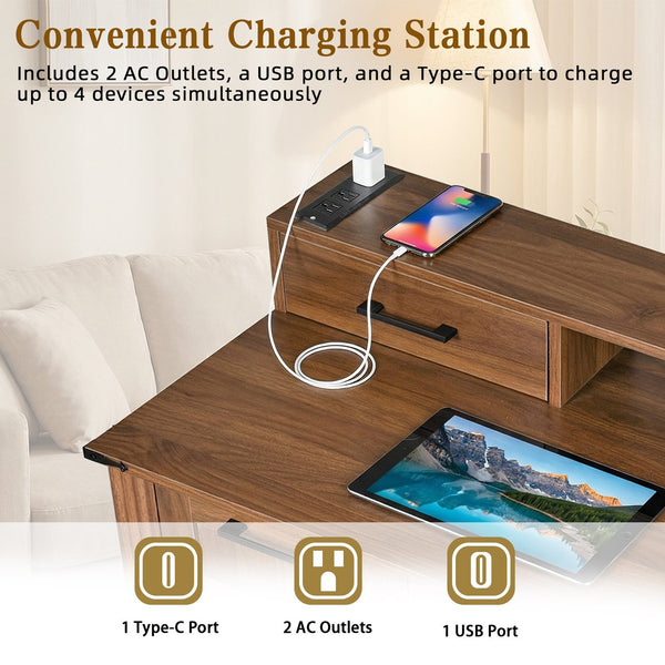 English Elm 59" Fluted Oak L-shaped Corner Desk with Charging Station Monitor Stand and File Storage Dark Walnut W2917S00007