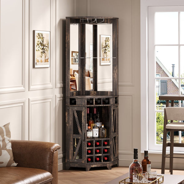 English Elm 67.3" Farmhouse Corner Bar Cabinet Led Lit Wine Storage with Built-in Power Outlets N735P361429D