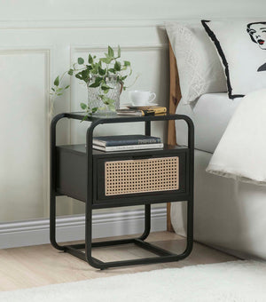 English Elm Metal Frame Accent Table with Tempered Glass Top, Black Finish, Sturdy Metal Nightstand w/ Drawer and Open Shelf for Storage — Modern Glossy Design B016P257184