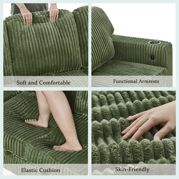 English Elm L-shaped Sectional Sleeper Sofa with Hidden Storage Usb Charging Corduroy Upholstery Olive Green W1998S00095