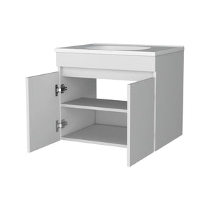 English Elm White Floating Vanity with Dual Doors and Integrated Basin, Wall-Mounted Compact Bathroom Storage Solution B062P303926