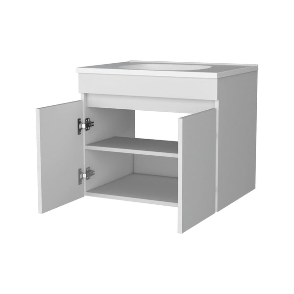 English Elm White Floating Vanity with Dual Doors and Integrated Basin, Wall-Mounted Compact Bathroom Storage Solution B062P303926
