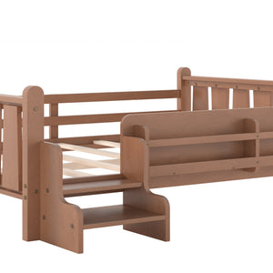 English Elm Twin Pine Floor Bed for Kids with Side Bookcases Built-in Stairs and Safety Guardrails Natural W1580P390225