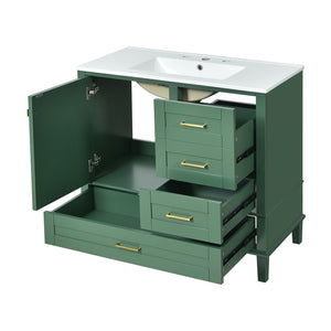 English Elm 36" Green Bathroom Vanity Solid Pine Frame with Soft-Close Door, 3 Varied Drawers & Ceramic Top N729P211167F
