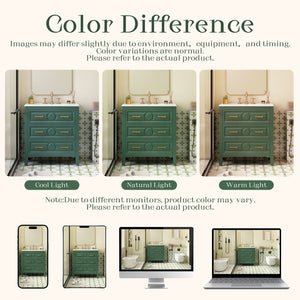English Elm 30'' Bathroom Vanity with Ceramic Sink, Solid Wood Frame Retro Style Vanity with 3 Drawers & Gold Handles Green N710P246209F