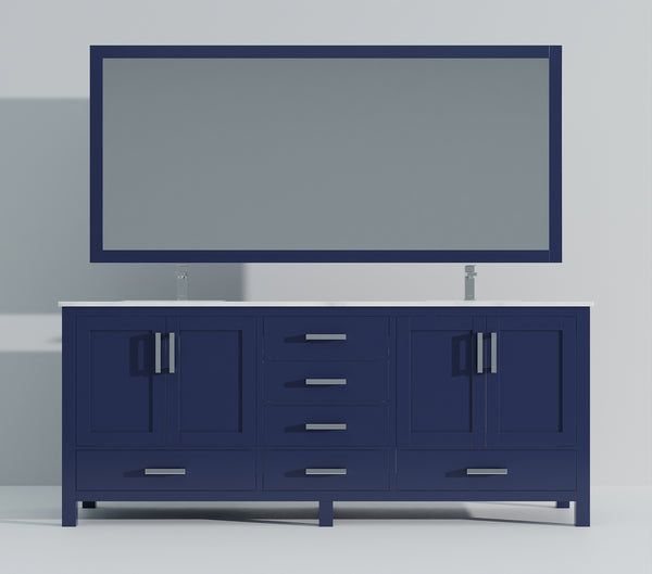 English Elm Navy Double Bath Vanity 84" W x 22" D with Carrara Marble Top, Chrome Faucet, 34" Mirrors, Durable Countertop B2731S01067