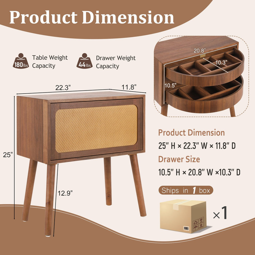 English Elm Rotating Rattan Nightstand Push Open Hidden Storage Mid Century Wood Leg Bedside Walnut N761P288451N