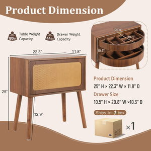 English Elm Rotating Rattan Nightstand Push Open Hidden Storage Mid Century Wood Leg Bedside Walnut N761P288451N