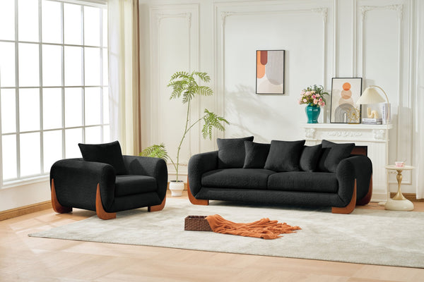 English Elm Upholstery Fabric Single Arm Chair With Cozy Black Sherpa, Natural Oak Legs For Stylish Living Room W2817S00009-GIGA