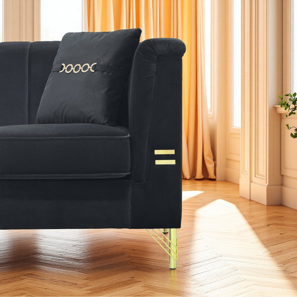 English Elm FX-P82-2PC Velvet Sofa Set of 2 — Plush Tufted 3-Seater Couches with Gold Metal Legs for Stylish Homes Black W576S00241