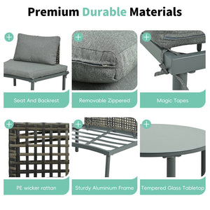 English Elm TOPMAX 6-Piece Modular Patio Sofa Set with 2 High-Low Coffee Tables, PE Wicker, Tempered Glass, Cushioned Comfort and Versatile Outdoor Configuration Gray SP100028AAE