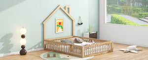 English Elm Wood House Platform Bed Full Size with Guardrail & Playful Frame, Sturdy Pine, Kid-Safe Design Natural N709P171852M