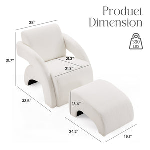 English Elm Upholstered Bouclé Lounge Chair and Ottoman Set with Curved Sled Base for Modern Rooms T3623P430771