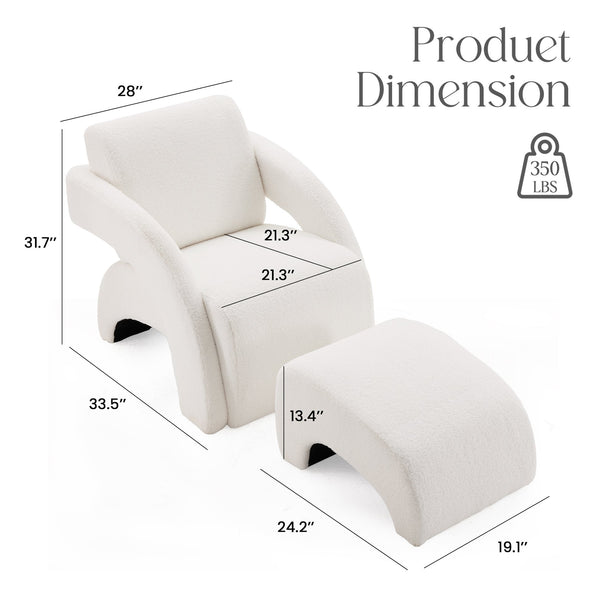 English Elm Upholstered Bouclé Lounge Chair and Ottoman Set with Curved Sled Base for Modern Rooms T3623P430771