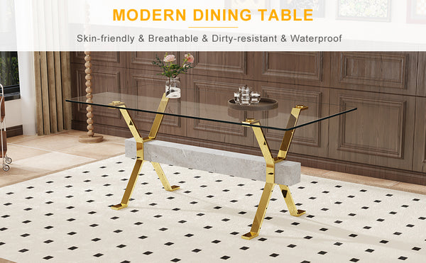 English Elm Dining Tempered Glass Table with Gold X-Legs & Gray MDF Crossbar, 71"x35.4" Modern 4-8 Seater Elegance W1151S02350