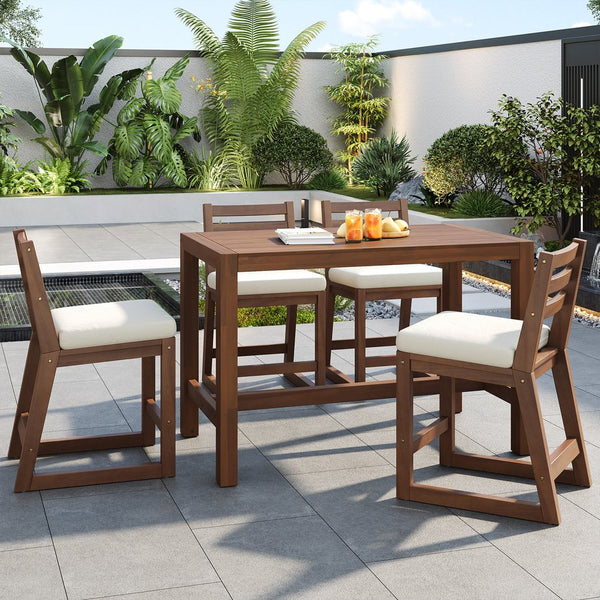 English Elm Trexm Solid Acacia Outdoor Bar Set Five Piece Rustic Slatted Counter Height Patio Mocha TM000029AAP