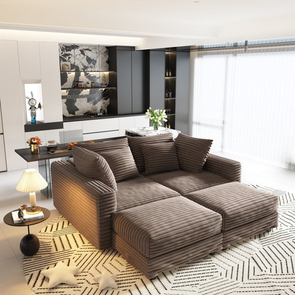 English Elm 102.4" Plush Corduroy 4-Seat Sofa – Cloud Comfort, Modular Lounge, Durable Design With Ottomans & Pillows W1885S00135