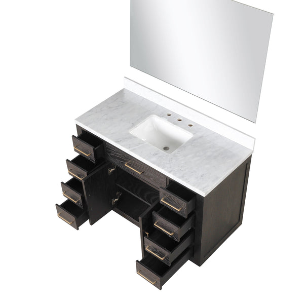 English Elm Brown Oak Single Bath Vanity Set With Carrara Marble Top & 46" Frameless Mirror For Elegant Spaces B2731S01401
