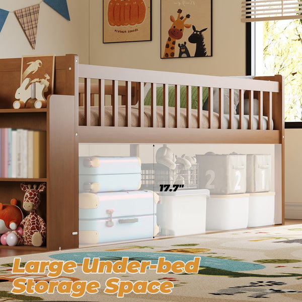 English Elm Twin Platform Kids Bed with Slide Ladder Guardrails Storage Shelf Wood Frame Walnut N733S415411M