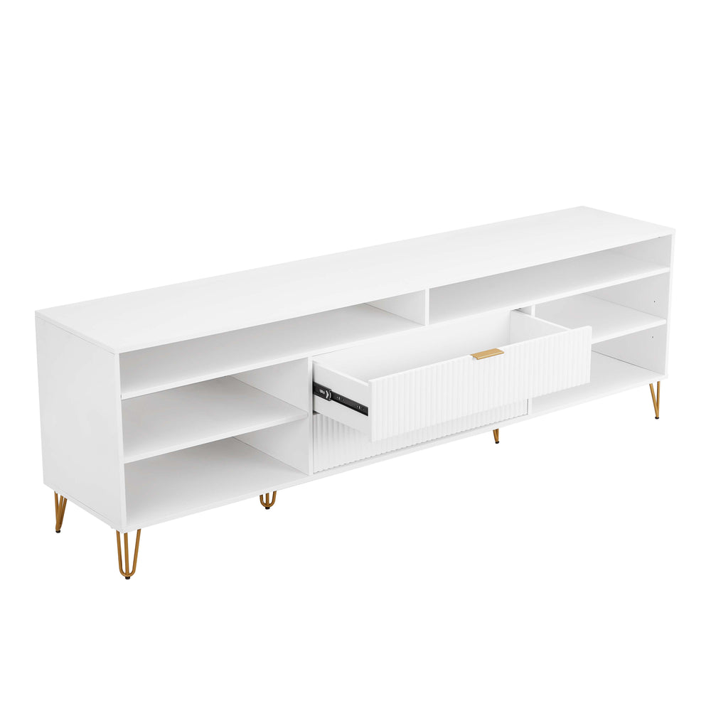 English Elm Dumbo 85" Fluted TV Stand with Gold Legs, 2 Drawers & 6 Shelves, Wire Management, Easy Snap Assembly White B365P397925