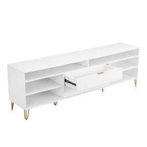 English Elm Dumbo 85" Fluted TV Stand with Gold Legs, 2 Drawers & 6 Shelves, Wire Management, Easy Snap Assembly White B365P397925