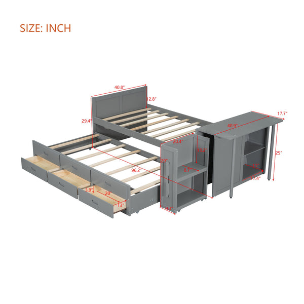 English Elm Twin Multifunctional Wood Platform Bed with Built-In Desk, Trundle & 3 Drawers for Small Spaces Gray 44.3 L x 23.1 W x 9 H N733S212832E