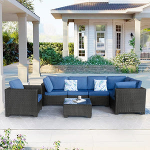 English Elm 7 Pieces Outdoor Sectional Set - Dark Blue PE Rattan Patio Sofa with Glass Table, Cushions, Modular Plan W813S00005