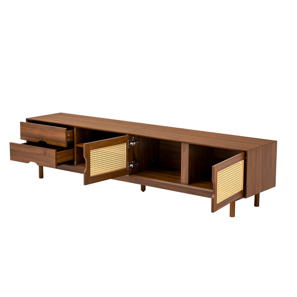 English Elm 78 Inch Rattan Media Console with Rubberwood Legs Walnut Finish Living Room Storage N710P407810P
