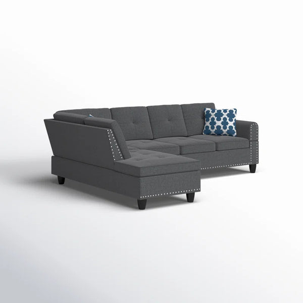 English Elm Black Faux Leather L Shaped Sectional with Cup Holders Nailhead Trim Storage Dark Gray B2730S00032