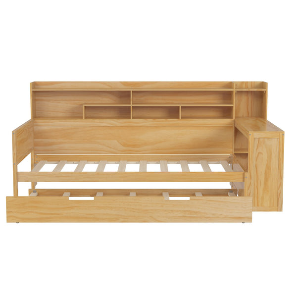 English Elm Wooden Twin Daybed with Trundle, Built-In Desk and Side Storage Shelves for Space-Saving Living Natural 54.4 L x 18 W x 5.6 H N733S242275M