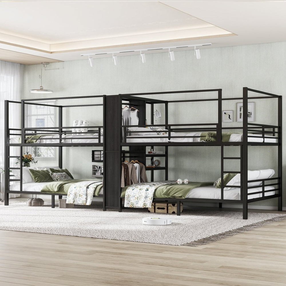 English Elm Queen Size Quadruple Metal Bunk Bed With Storage, Noise-Reducing Design & Sturdy Black Frame W1580S00156-GIGA