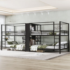 English Elm Queen Size Quadruple Metal Bunk Bed With Storage, Noise-Reducing Design & Sturdy Black Frame W1580S00156-GIGA