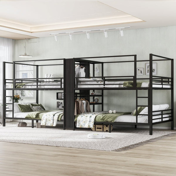English Elm Queen Size Quadruple Metal Bunk Bed With Storage, Noise-Reducing Design & Sturdy Black Frame W1580S00156-GIGA