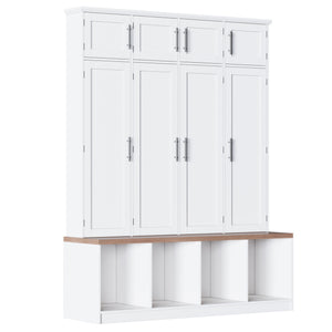 English Elm Farmhouse Hall Tree with Triple Arch Back Panel Eight Hooks Drawers and Entryway Bench White N721S000059K-1