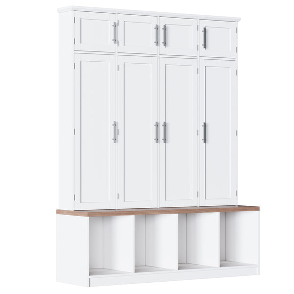 English Elm Farmhouse Hall Tree with Triple Arch Back Panel Eight Hooks Drawers and Entryway Bench White N721S000059K-1