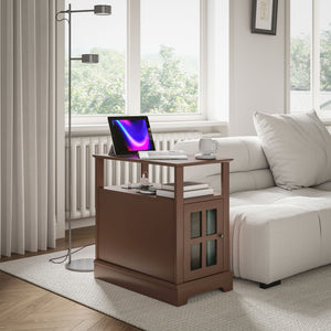 English Elm HOMCOM Narrow End Table with Built-In Charging Station, Hidden Glass Storage and Open Shelf Elegance Brown W2225P229465