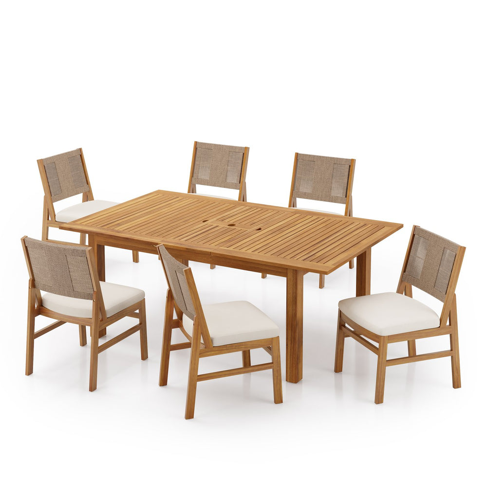English Elm 7 Piece Outdoor Acacia Wood Patio Dining Set Extendable Table Wicker Chairs Cushioned N773OD00130B