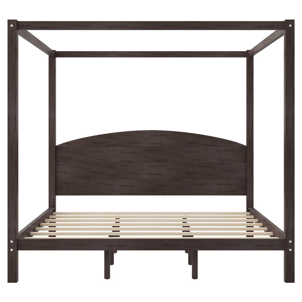 English Elm King Canopy Platform Bed with Headboard and Support Legs — Modern Pine Wood Frame, Sturdy 650lb Capacity Brown WF309291AAD