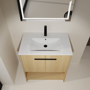 English Elm 30" Bathroom Vanity With Integrated Ceramic Sink, Soft-Close Doors & Open Shelf For Easy Storage W1972S00017