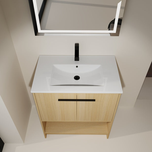 English Elm 30" Bathroom Vanity With Integrated Ceramic Sink, Soft-Close Doors & Open Shelf For Easy Storage W1972S00017