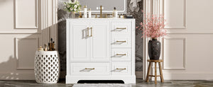English Elm 36" Traditional Bathroom Vanity with Ceramic Sink, Solid Wood Cabinet, Soft-Close Doors & Drawers White N729P251630K