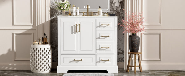 English Elm 36" Traditional Bathroom Vanity with Ceramic Sink, Solid Wood Cabinet, Soft-Close Doors & Drawers White N729P251630K