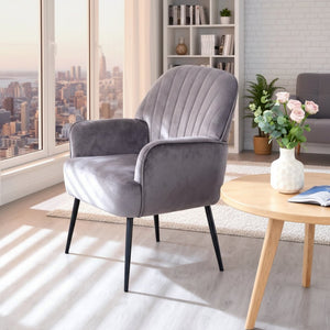 English Elm Velvet Barrel Accent Chair Tufted Shell Back with Metal Legs for Living Room Grey W5722P462512